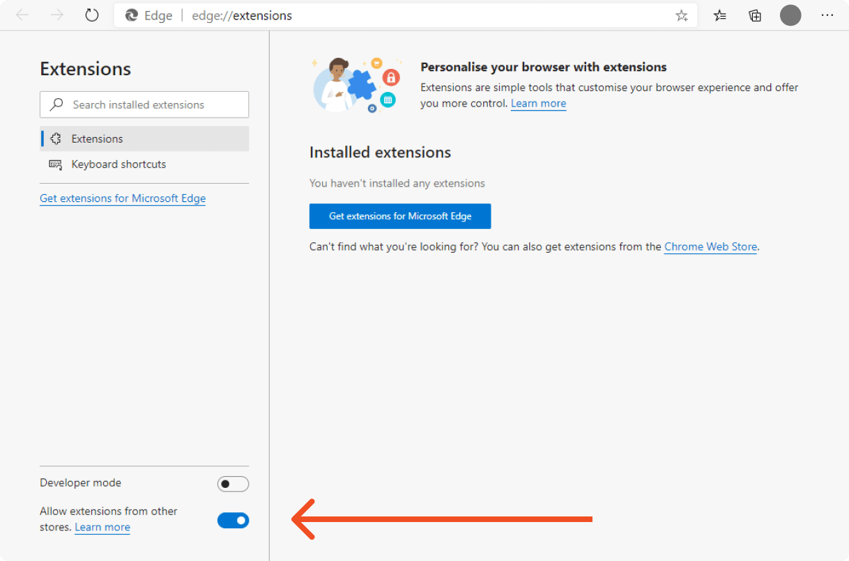 Настроить расширения в Edge